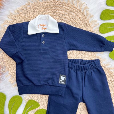 Conj. Casaco com Gola Baby Bear e Calça de Moletom - Marinho e Off White